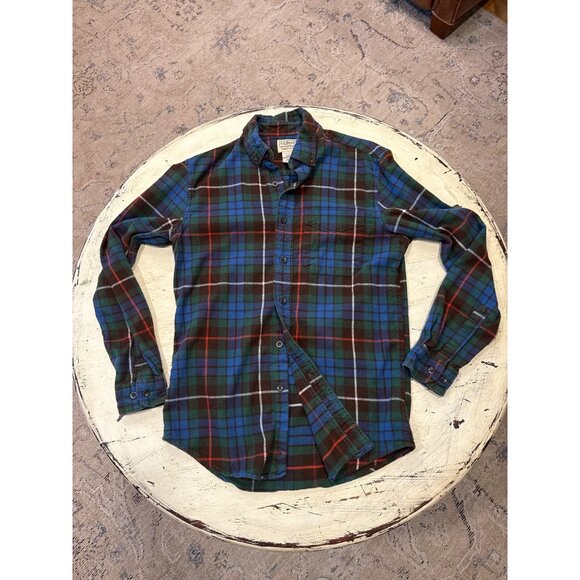 L.L. Bean Mens Slightly Fitted Plaid Button-Up Shirt S-Reg 100% Cotton Blue/Gree - Picture 1 of 8